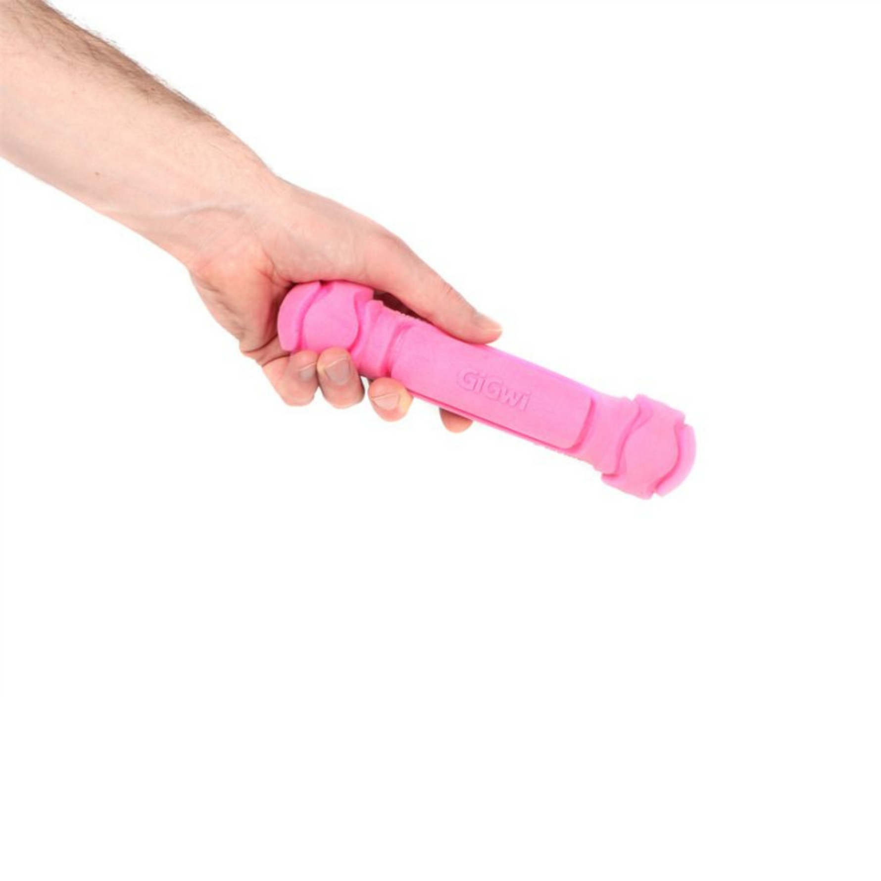 Hand holding a pink dog toy with a brand logo on a white background