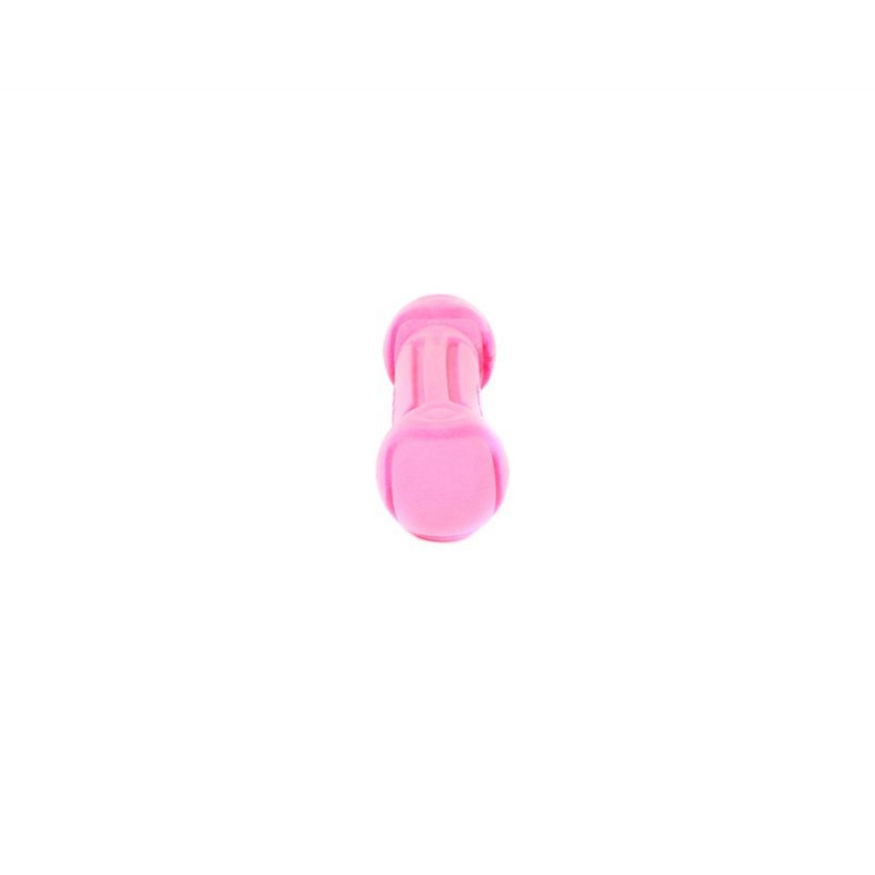 Pink dumbbell-shaped dog toy on a white background