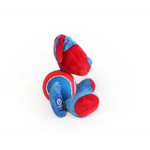 Red and blue butterfly plush dog toy on a white background