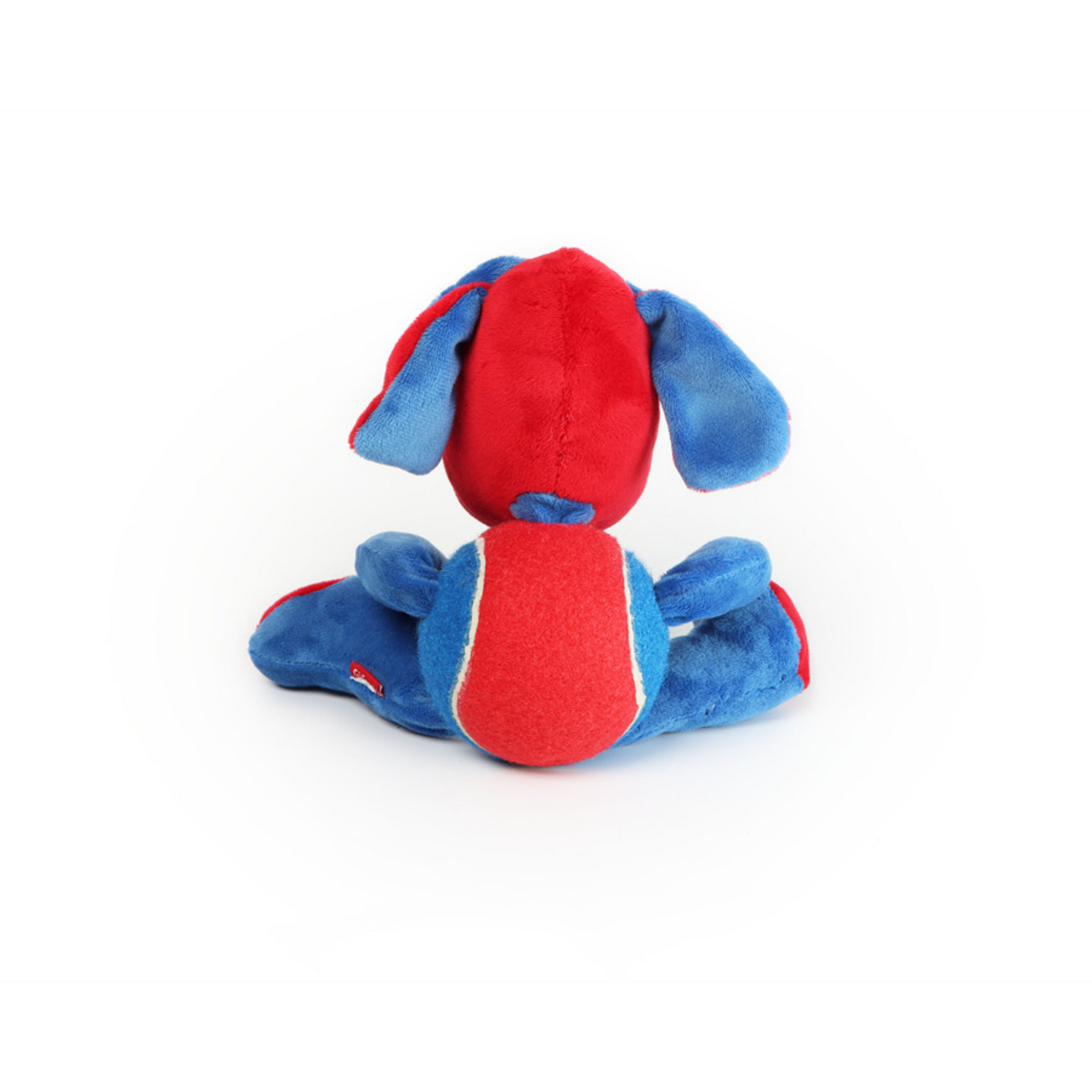 Red and blue plush dog toy on a white background