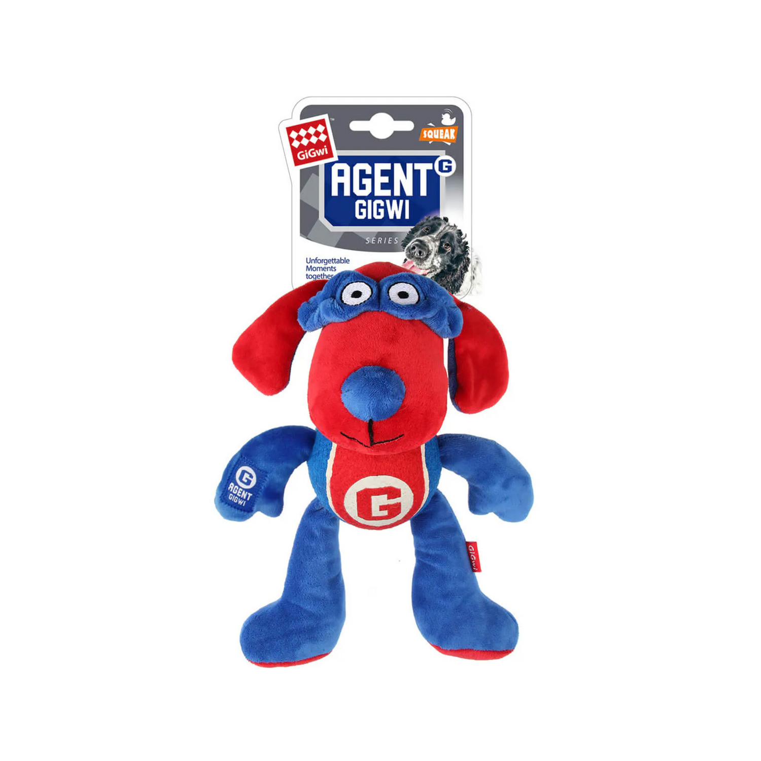 Red and blue plush dog toy with 'Agent Gigwi' packaging on a white background