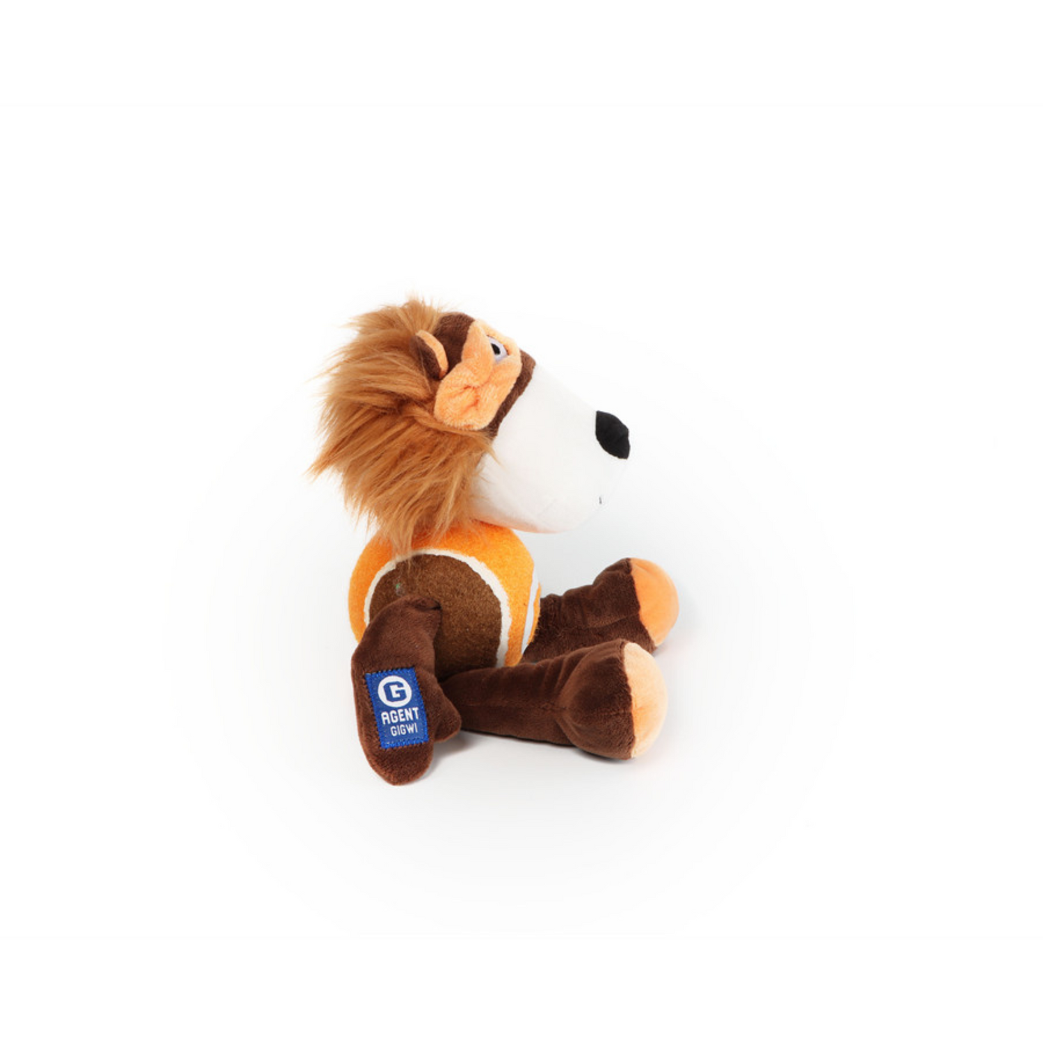Plush lion dog toy with a visible brand label on a white background
