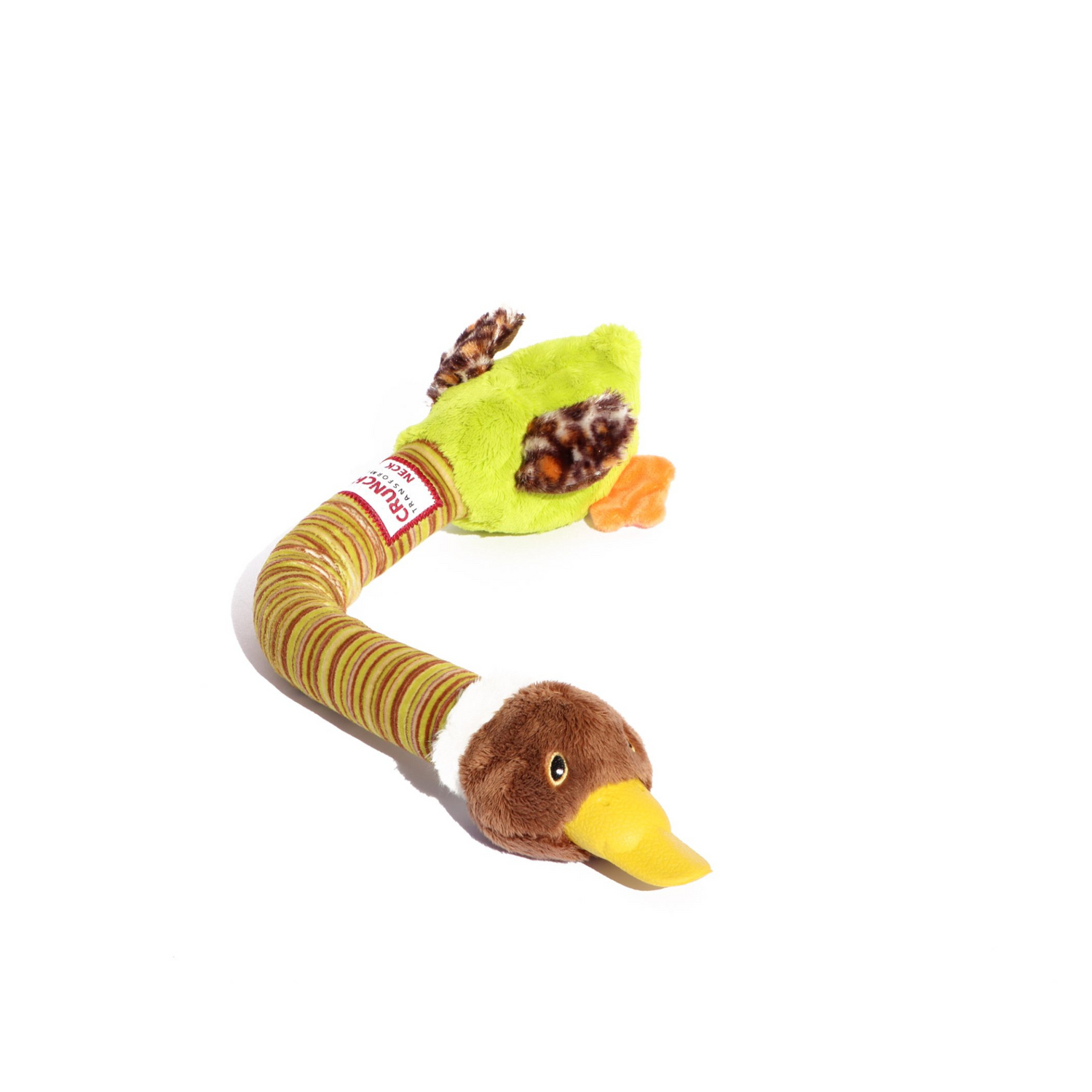 Plush dog toy duck head with long neck on a white background