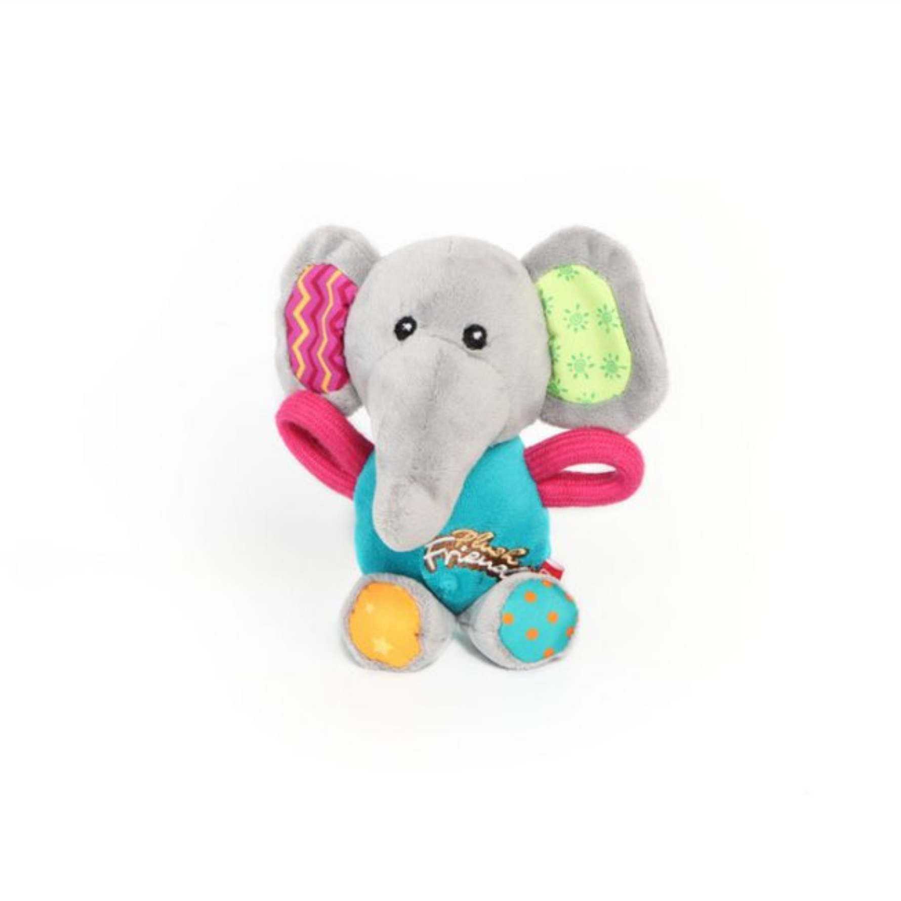 Plush elephant dog toy with colorful elements on a white background