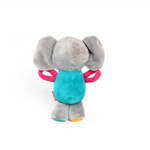 Plush elephant dog toy with a turquoise body and pink hair ties on a white background
