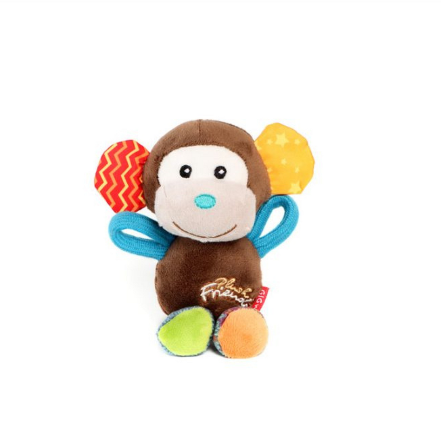 Colorful monkey dog toy with rattle on a white background