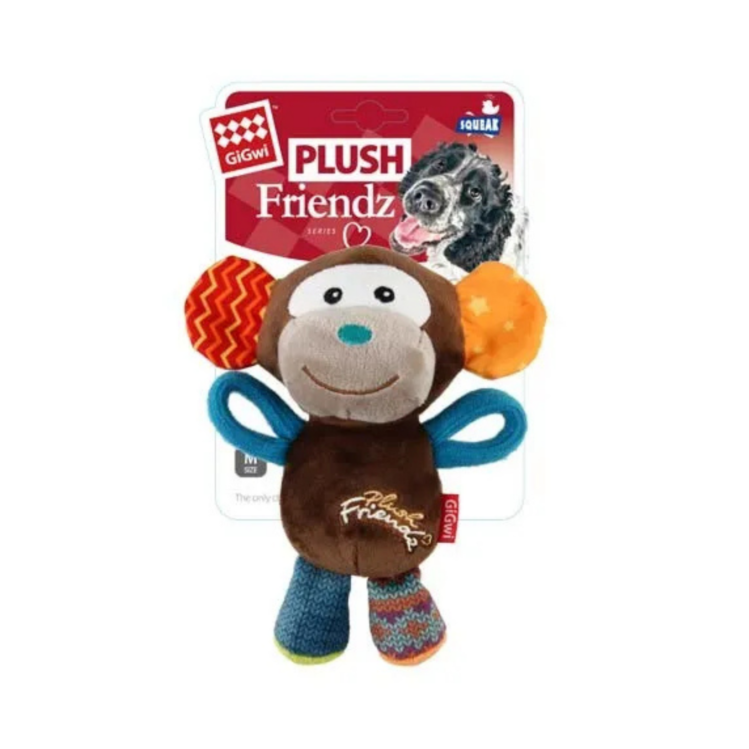Plush monkey dog toy with colorful ears and a tag indicating 'Plush Friendz' on a white background