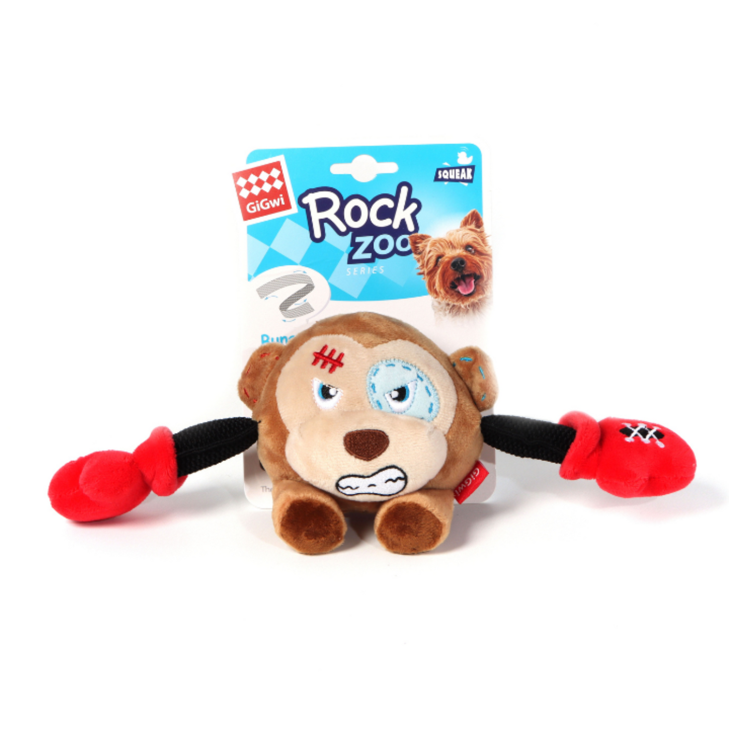 Plush monkey dog toy with boxing gloves on a white background, featuring the Rock Zoo brand.
