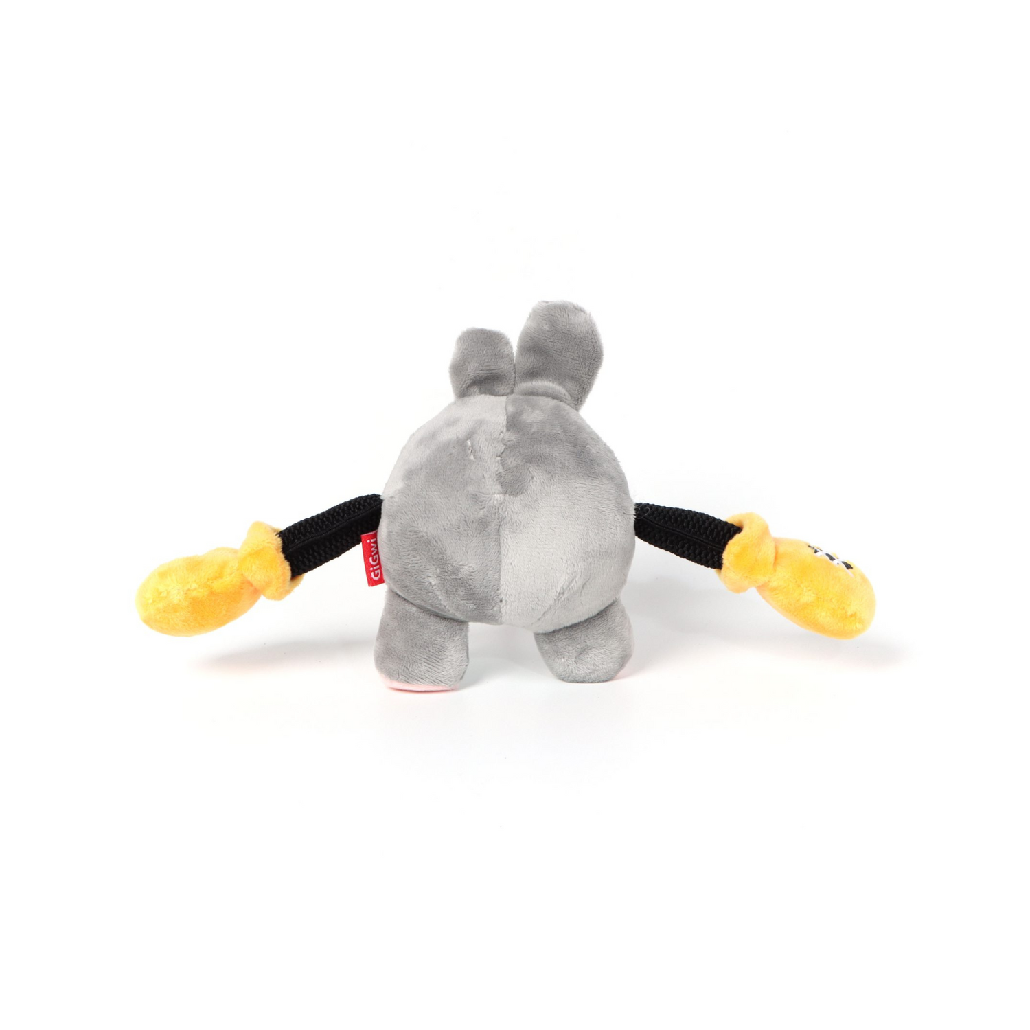 Gray plush dog toy with yellow accents on a white background