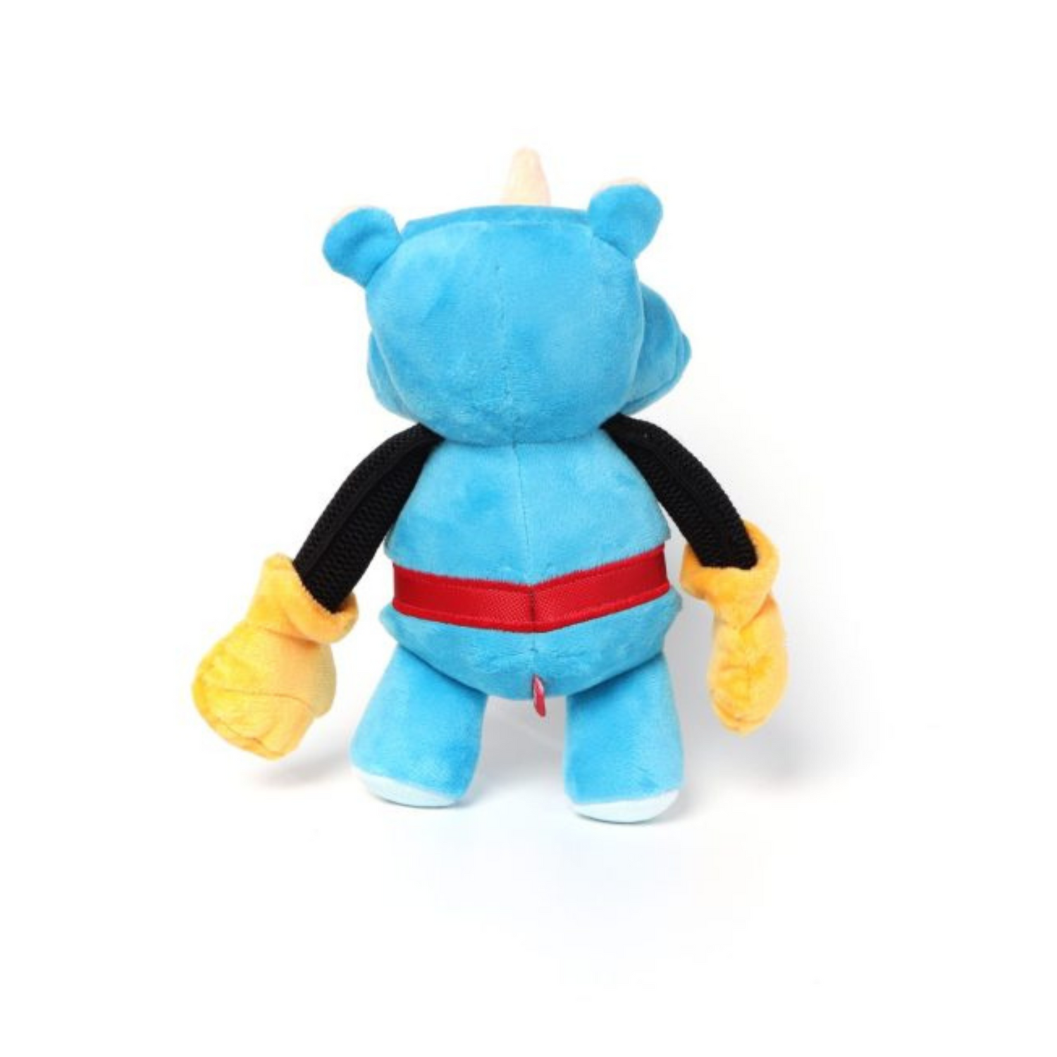 Blue plush dog toy with yellow gloves and red belt on a white background