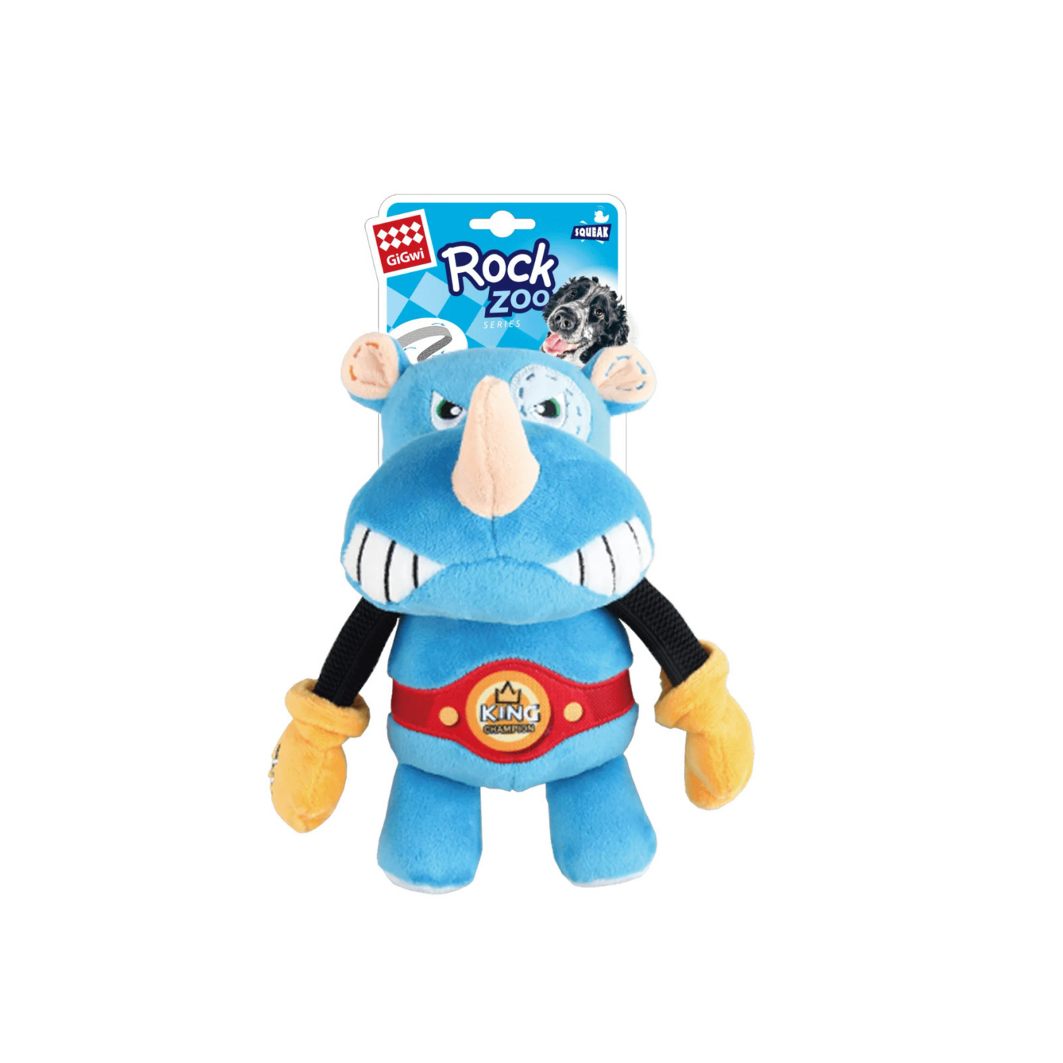 Blue rhinoceros plush dog toy with a 'Rock Zoo' packaging on a white background