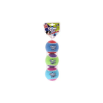 Three colorful dog toys stacked on top of each other with a Gigié Ball Originals packaging label above them.