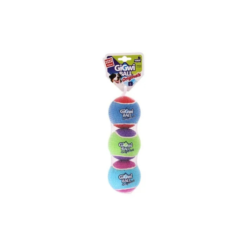 Three colorful dog toys stacked on top of each other with a Gigié Ball Originals packaging label above them.