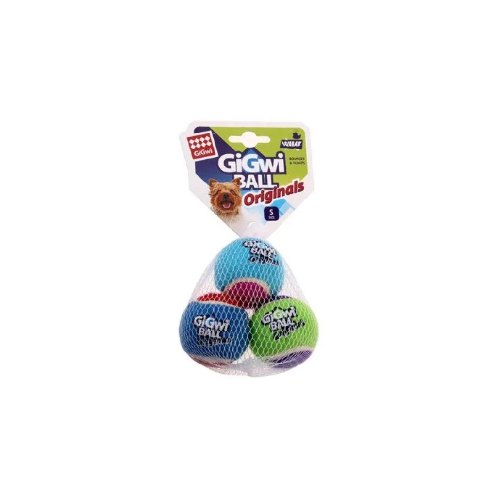 Packaged dog toy balls with Gigwi branding on a white background