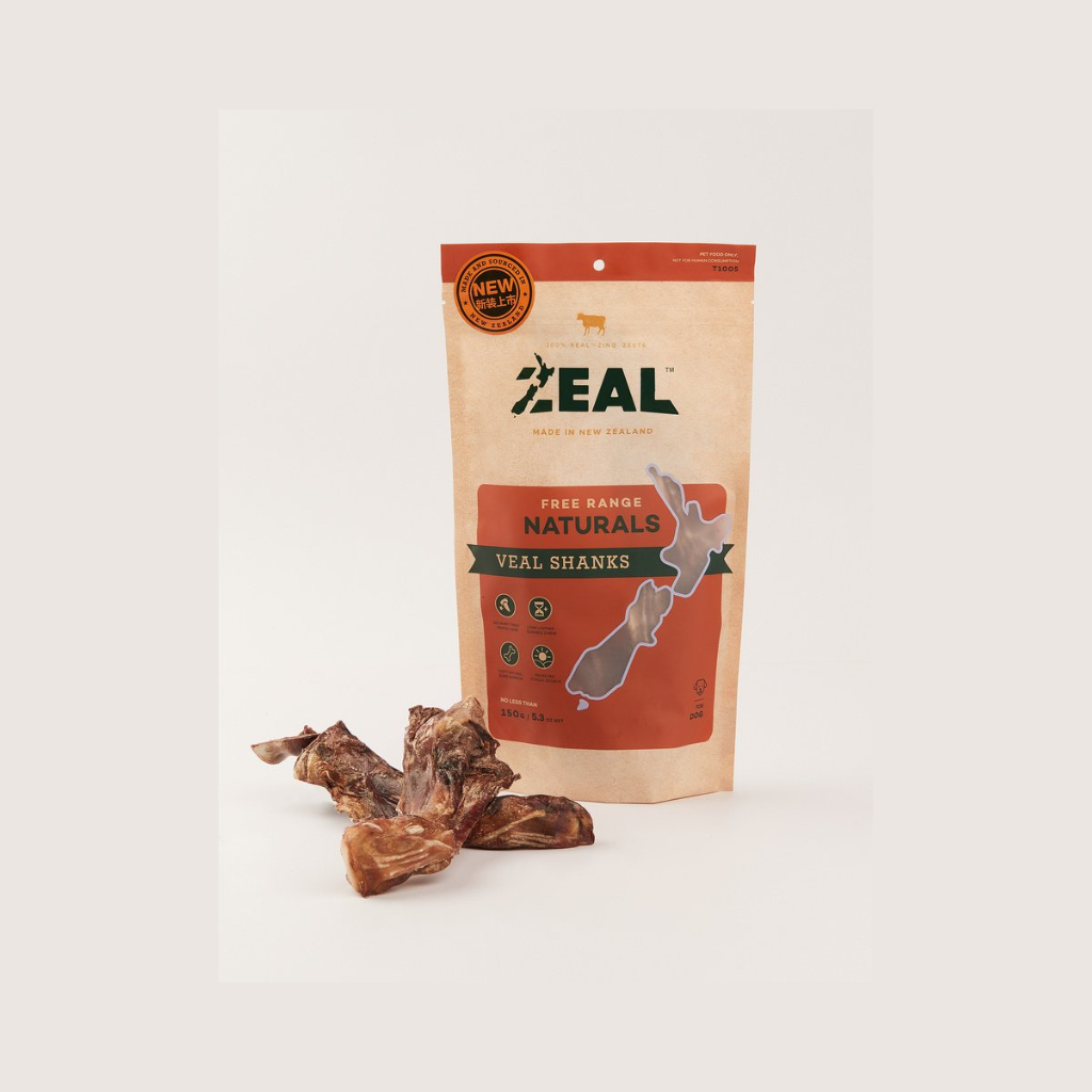 ZEAL Free Range Naturals Veal Shanks packaging with dried veal shanks on a white background