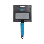 Pet grooming brush with blue handle on a white background