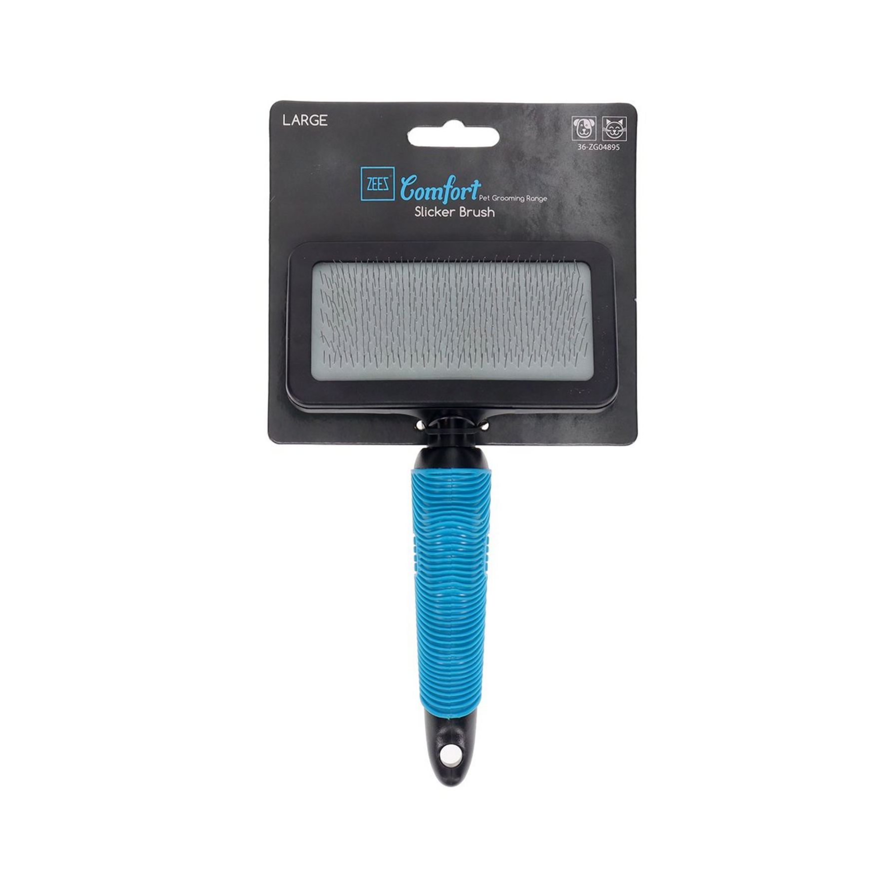 Pet grooming brush with blue handle on a white background