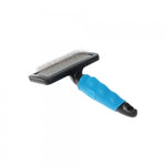 Pet grooming brush with blue handle on a white background