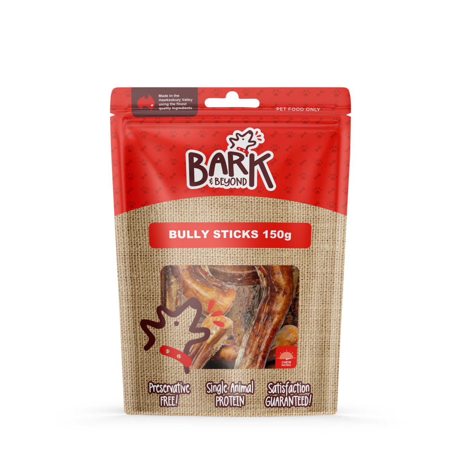 Packaging of Bark & Beyond Bully Sticks with red and brown design on a white background