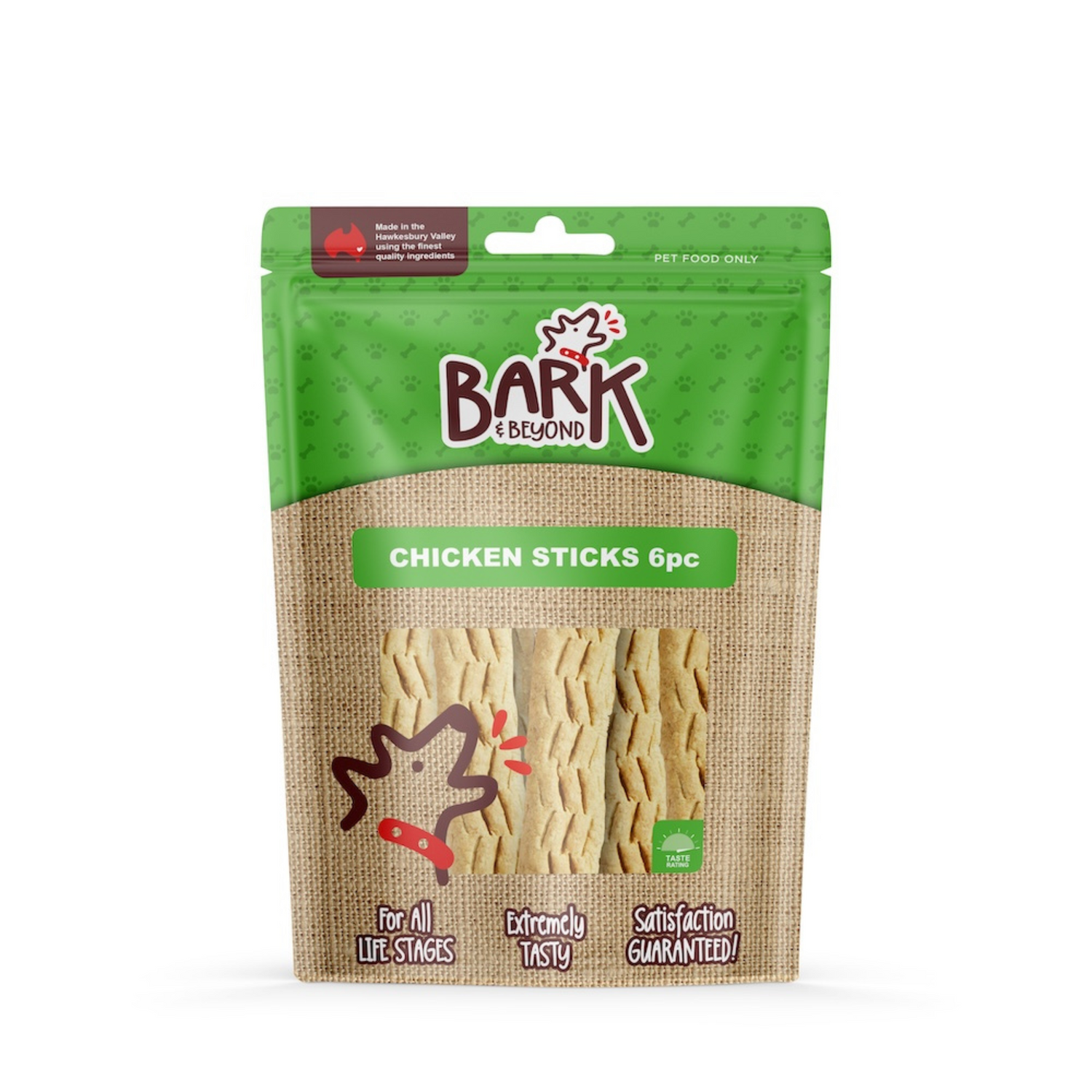 Package of Bark & Beyond Chicken Sticks for pets on a white background