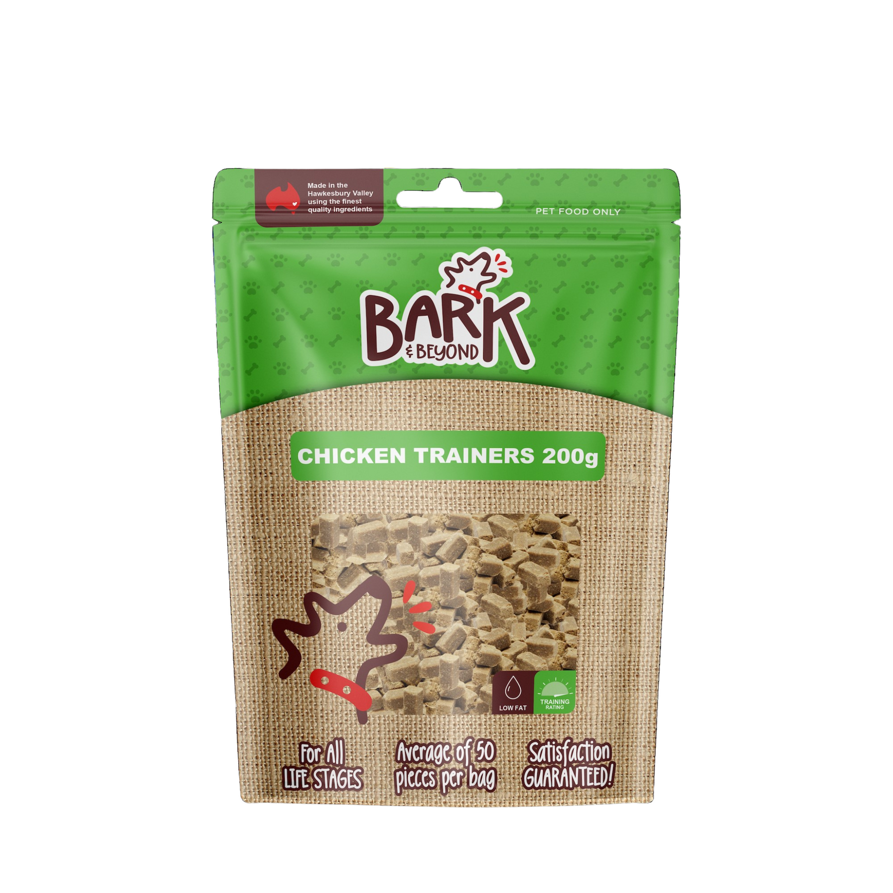 Bark & Beyond Chicken Trainers pet food package on a white background