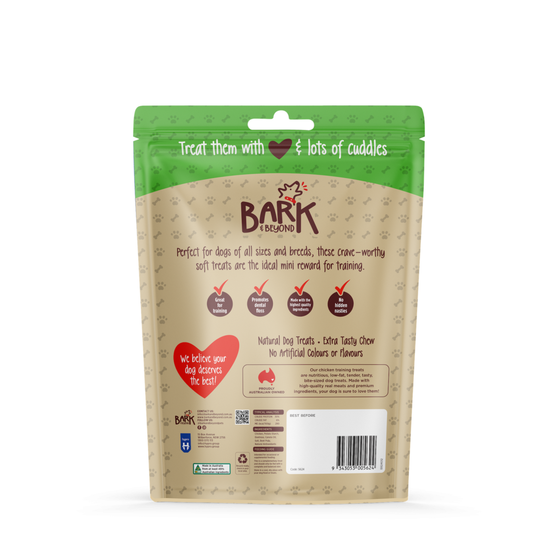 Bark Treats packaging with green top and brown middle on a white background
