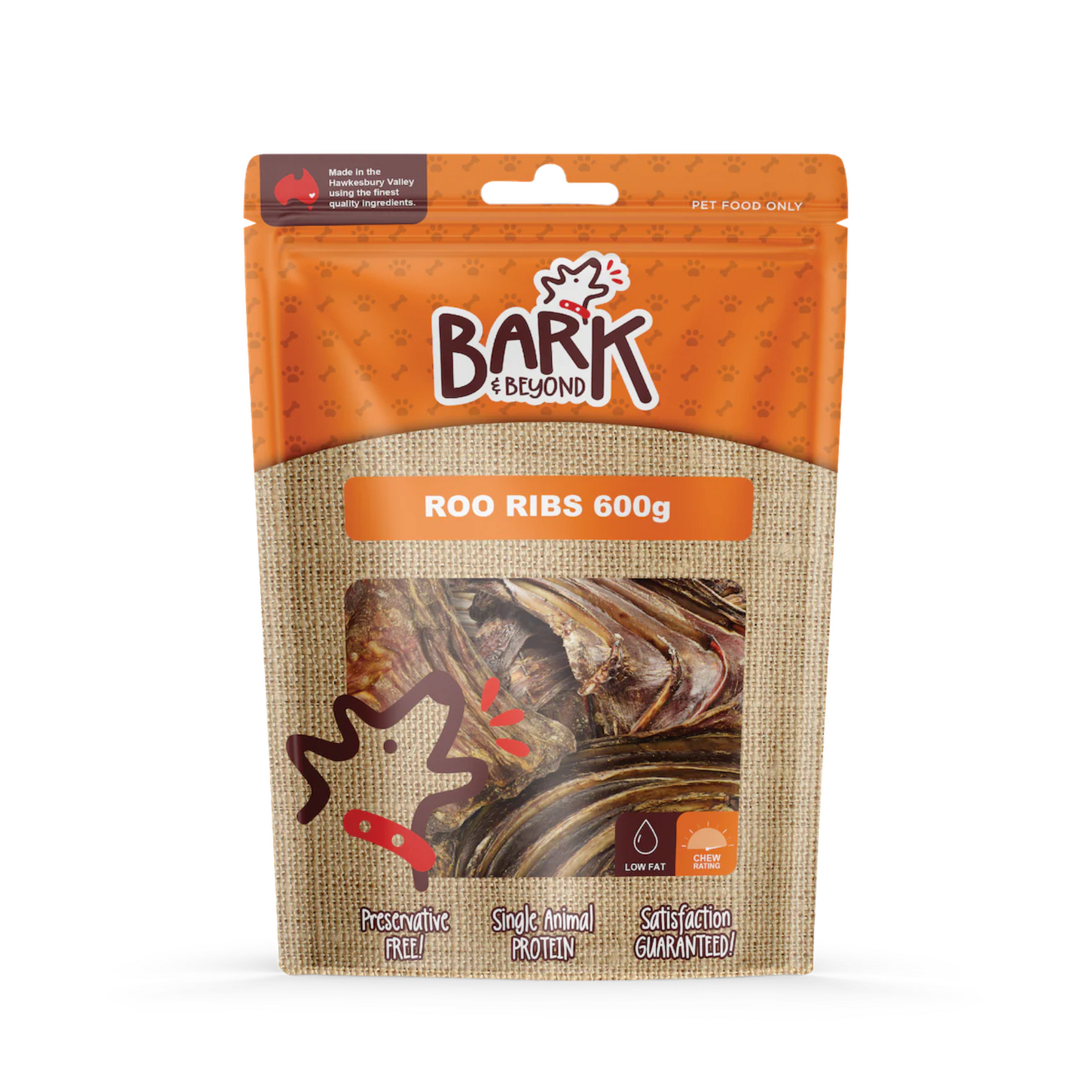 Package of Bark & Beyond Roo Ribs for pets on an orange background