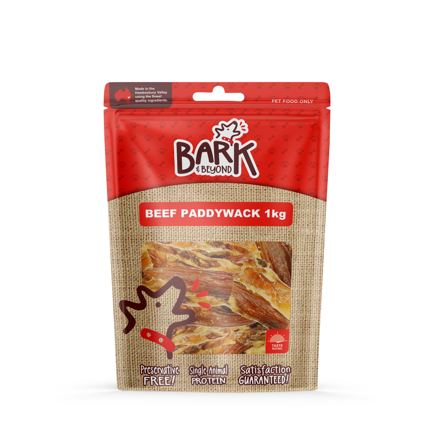 Bark & Beyond Beef Paddywack dog treat package on a white background