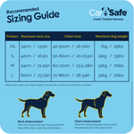 CarSafe dog harness sizing guide with measurements and illustrations on a blue background