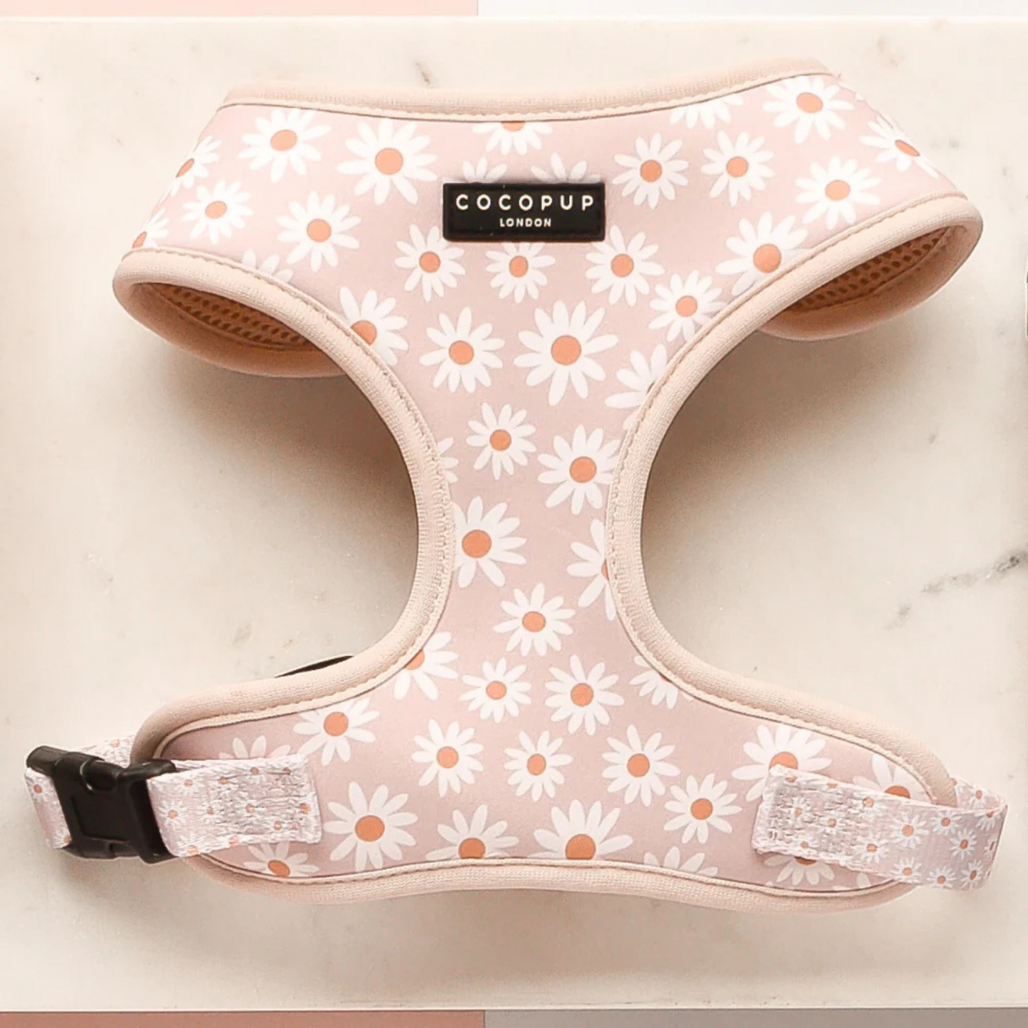 Dog harness with floral pattern and 'Cocopup London' branding on a light background