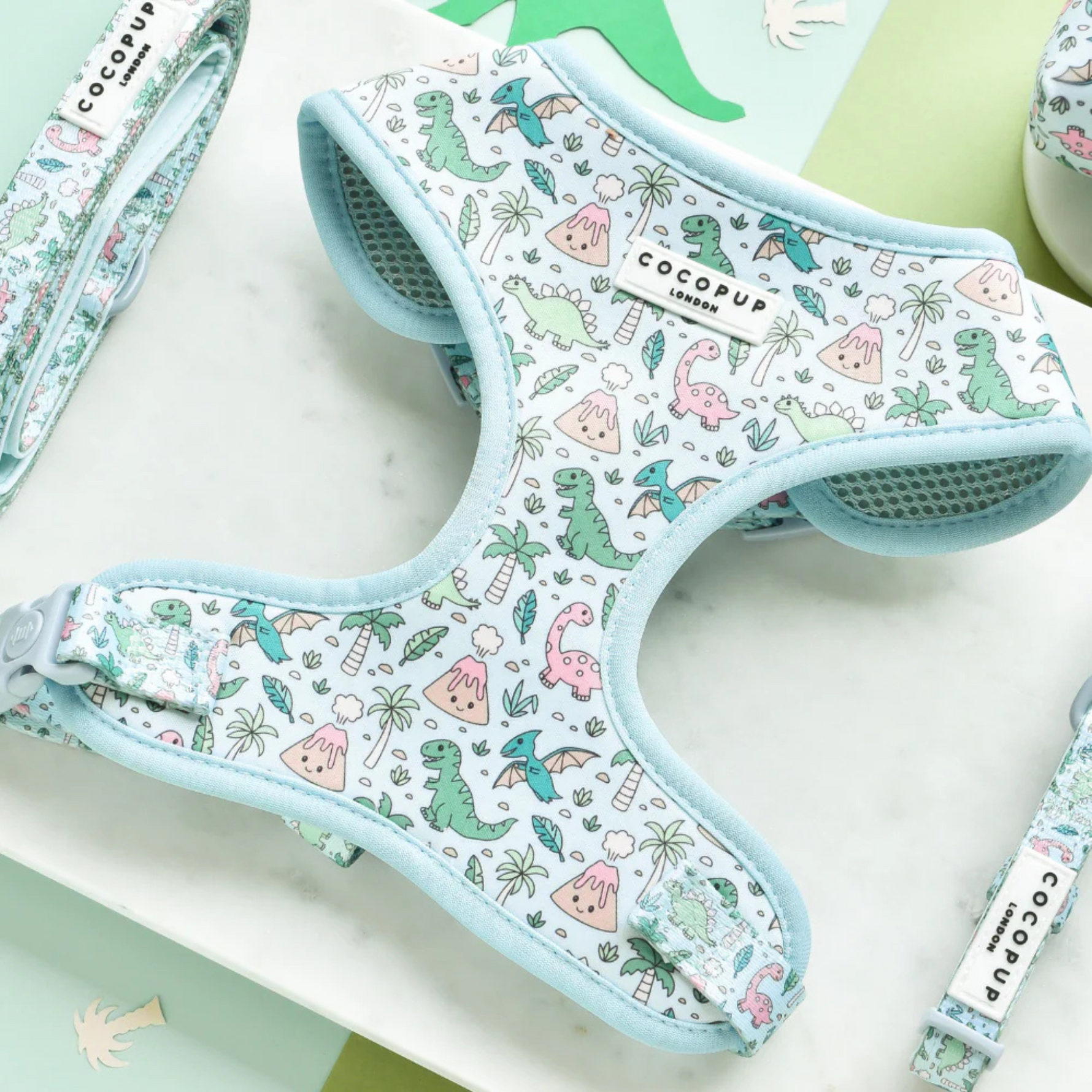 Pet harness with dinosaur pattern on a white surface