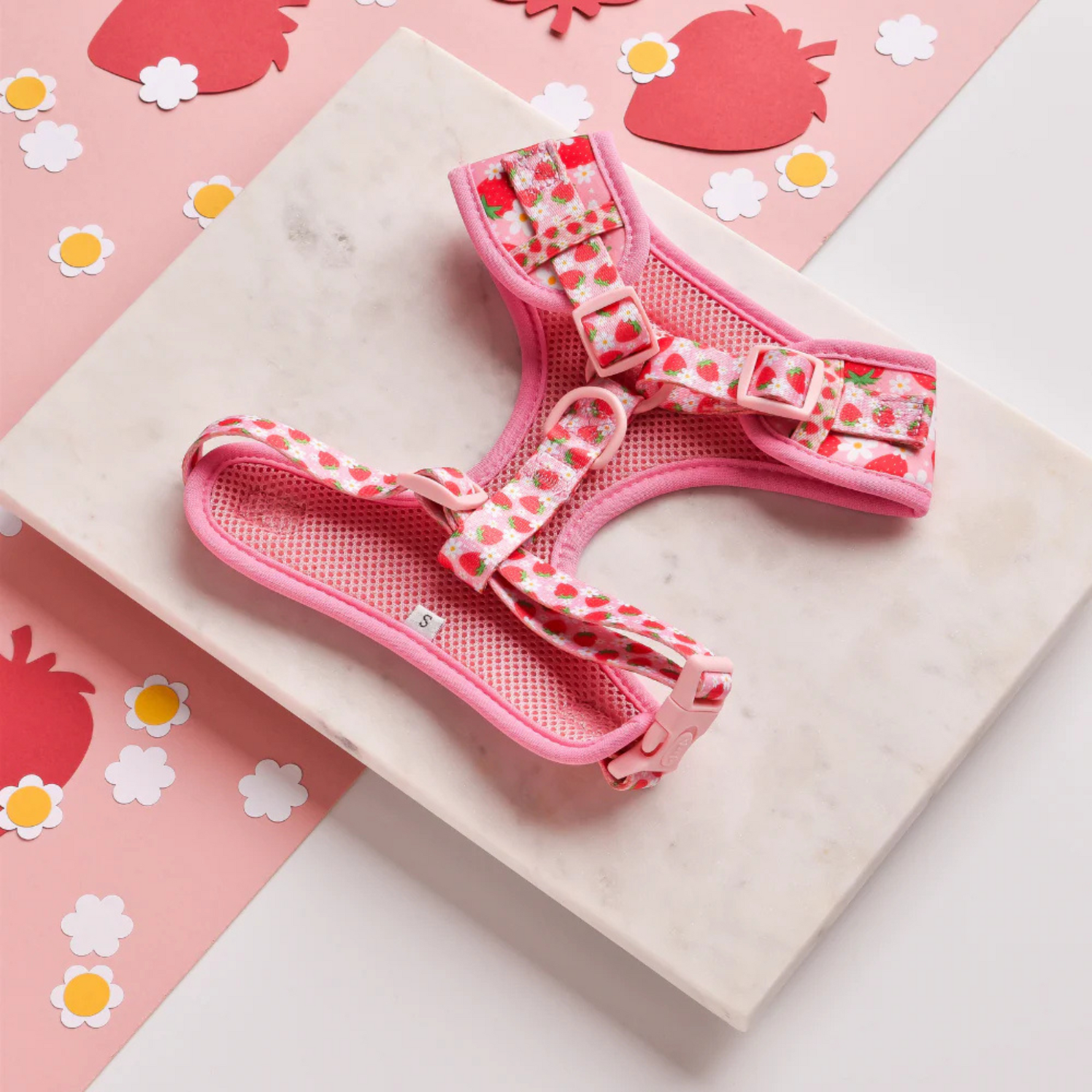 Pink pet harness with strawberry pattern on a pink and white background