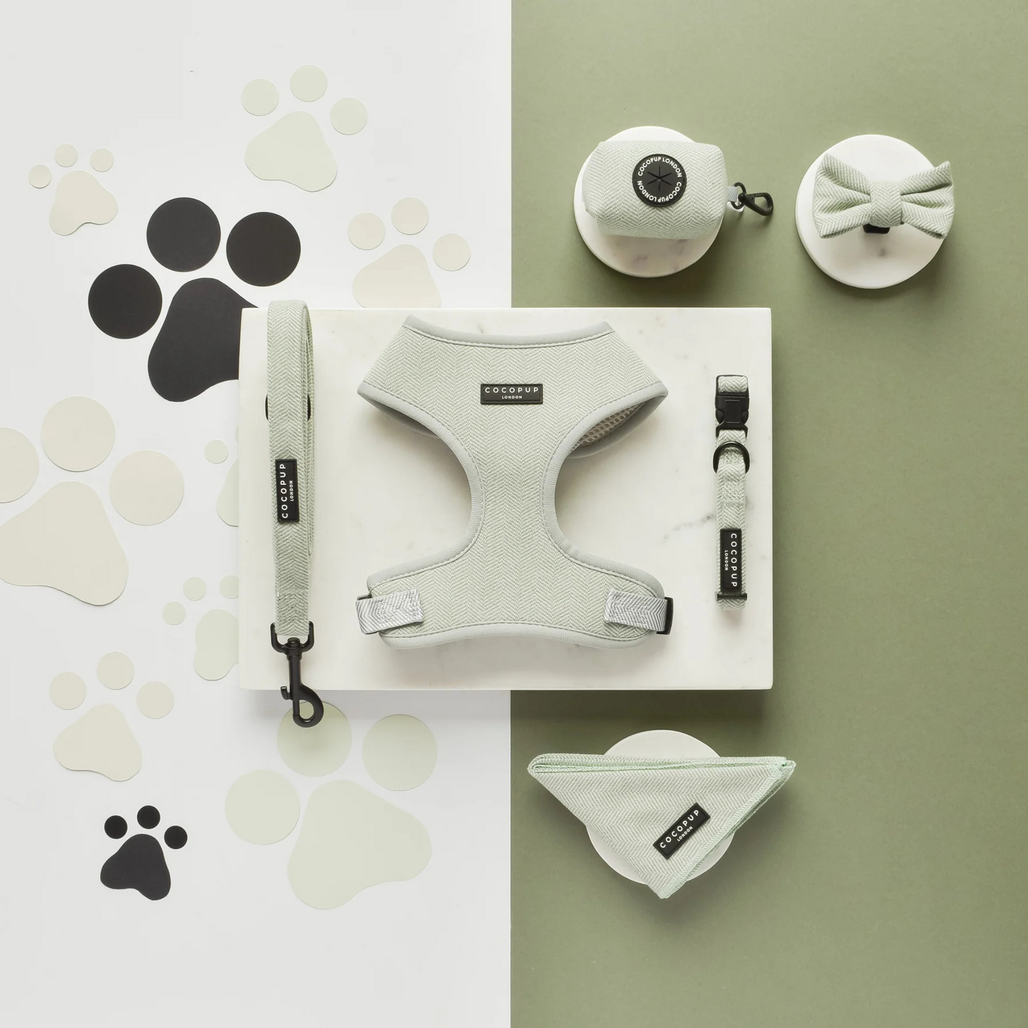 Dog harness and accessories on a split green and white background with paw prints.