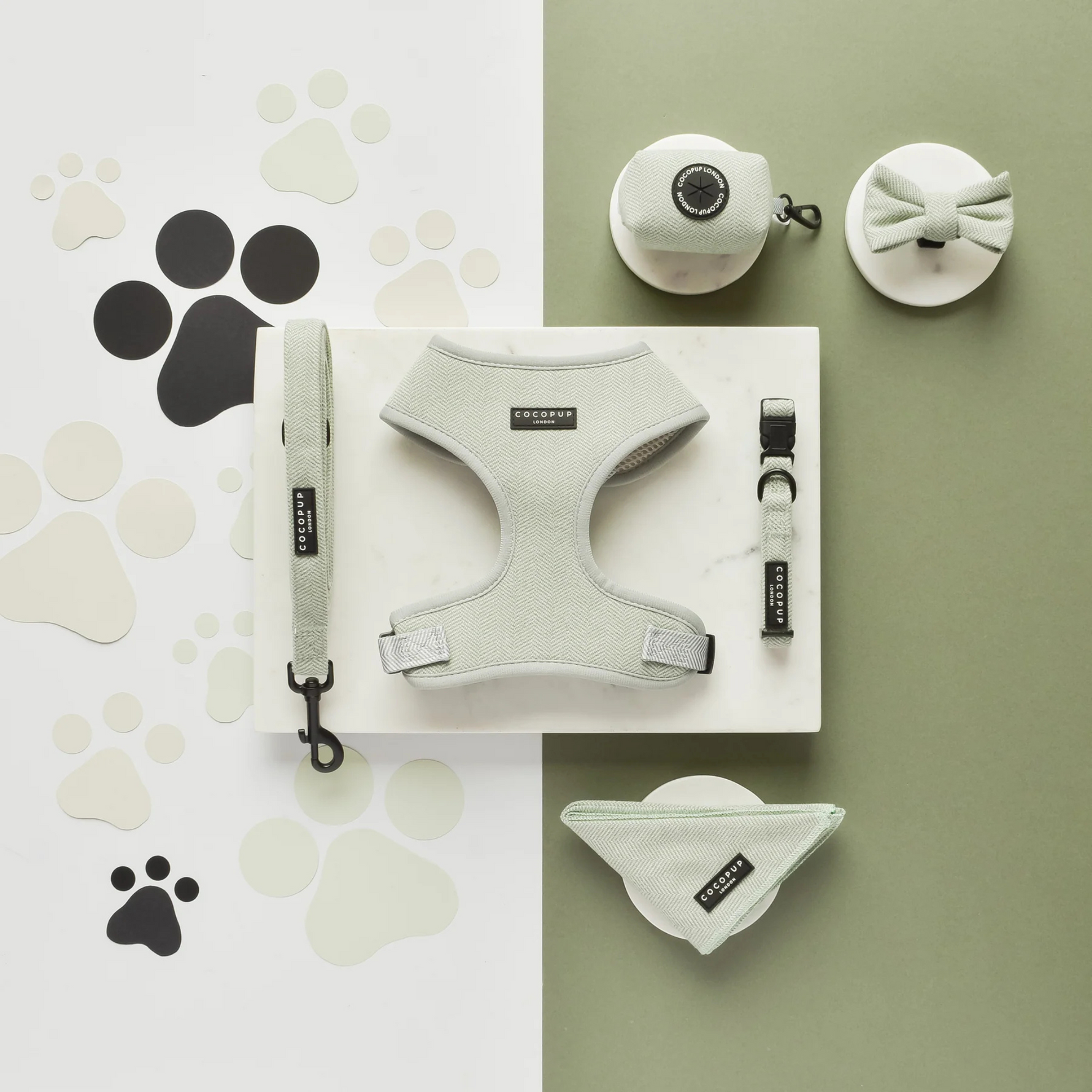 Dog harness and accessories on a split green and white background with paw prints.