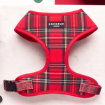 Red plaid dog harness with 'CocoPup' label on a white background