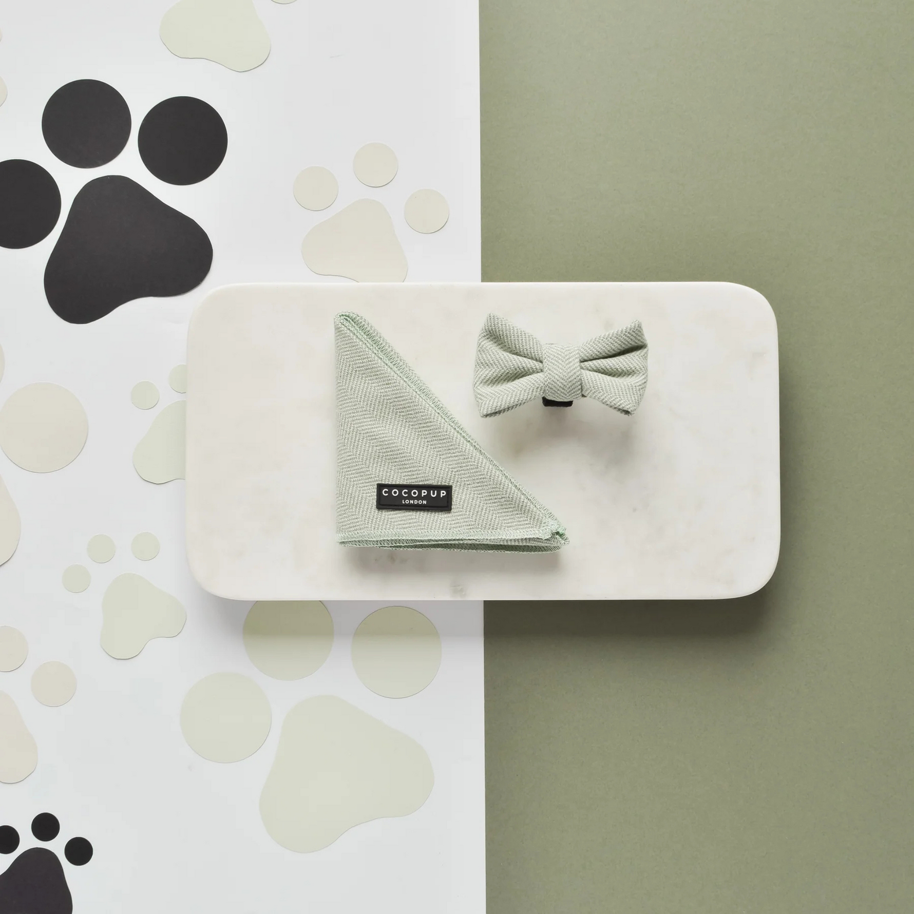 Green pet accessory set on a white tray with paw prints in the background