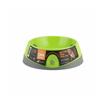 Green pet bowl with branding and product information on a white background