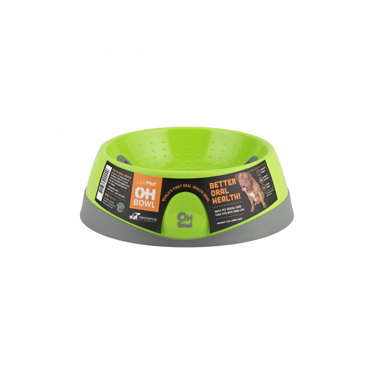 Green pet bowl with branding and product information on a white background