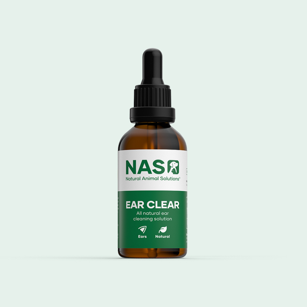 Bottle of NASR Ear Clear solution on a light gray background