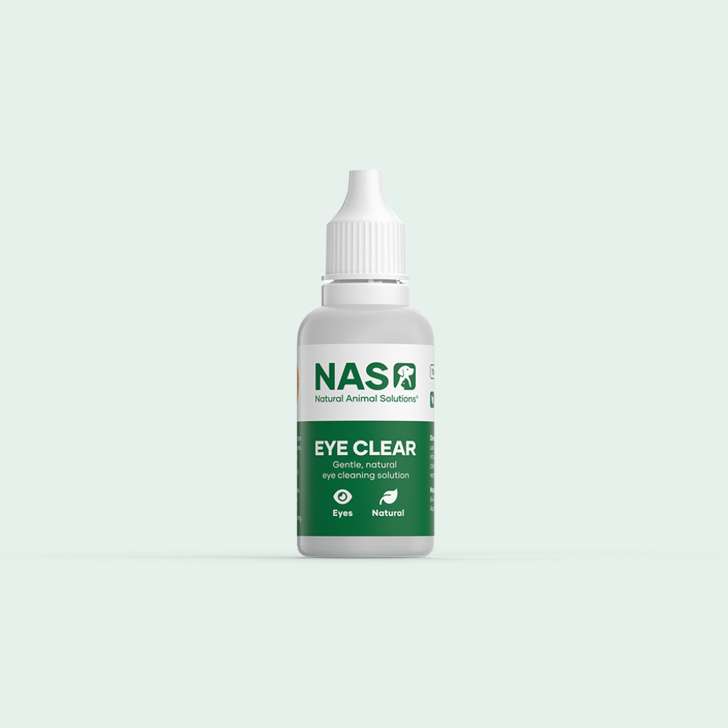 Bottle of NASR Eye Clear solution on a light gray background