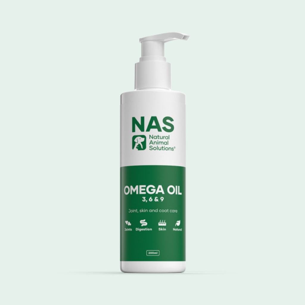 NAS Omega Oil bottle on a light gray background