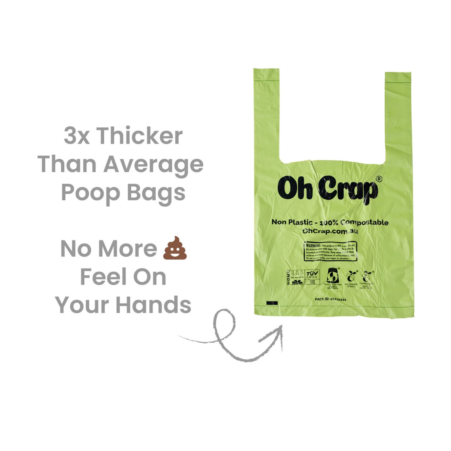 Green compostable dog poop bag with text on a white background