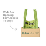 Green reusable bag with 'Oh Crap' branding on a cardboard box, labeled for wide box opening.