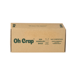 Cardboard box of Oh Crap handled bags with compostable and earth-friendly text on a white background
