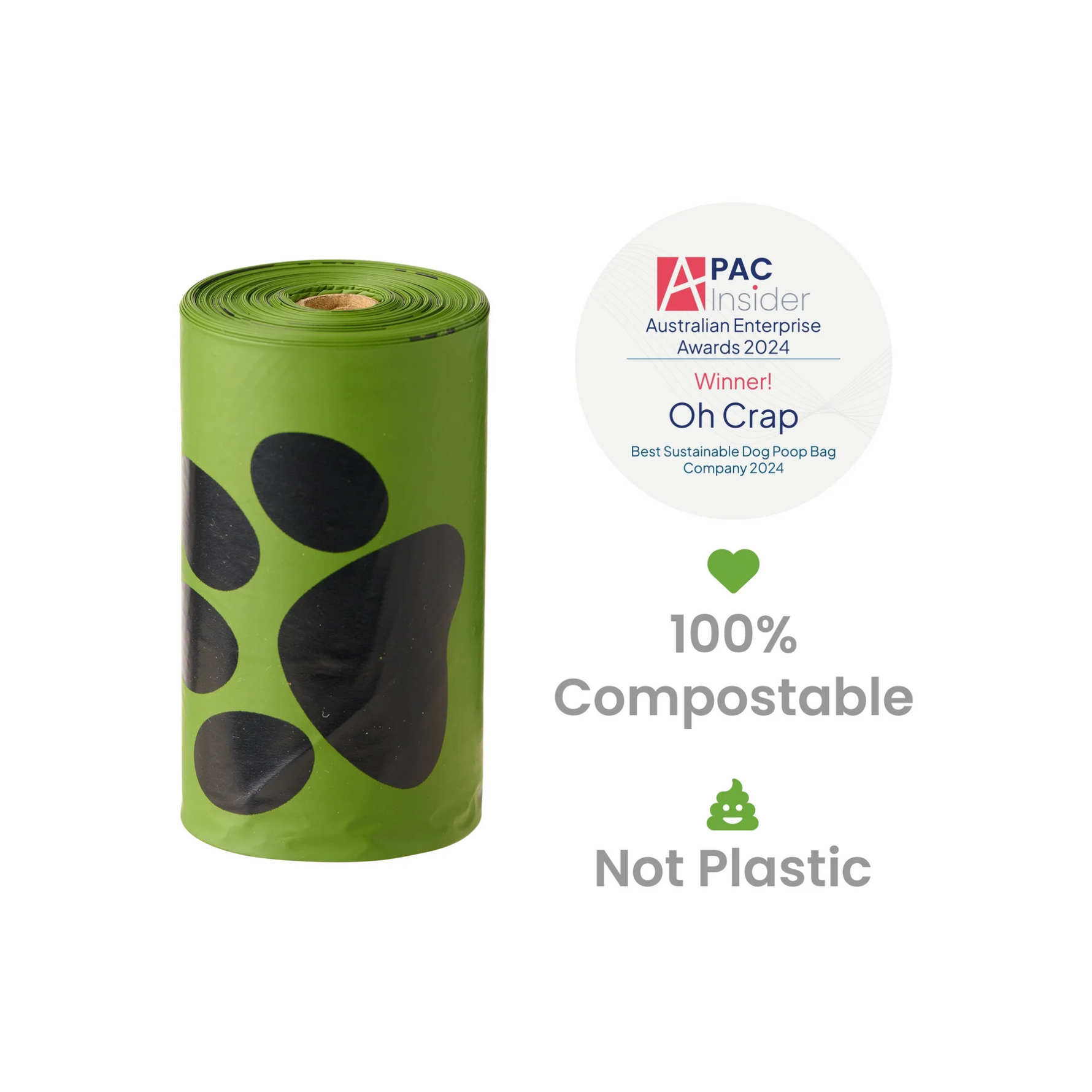 Green roll of compostable dog waste bags with certification badge on a white background