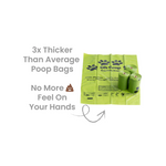 Green rolls of dog poop bags with text on a white background