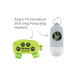 Dog poop bag holder with green bag and white dispenser on a white background