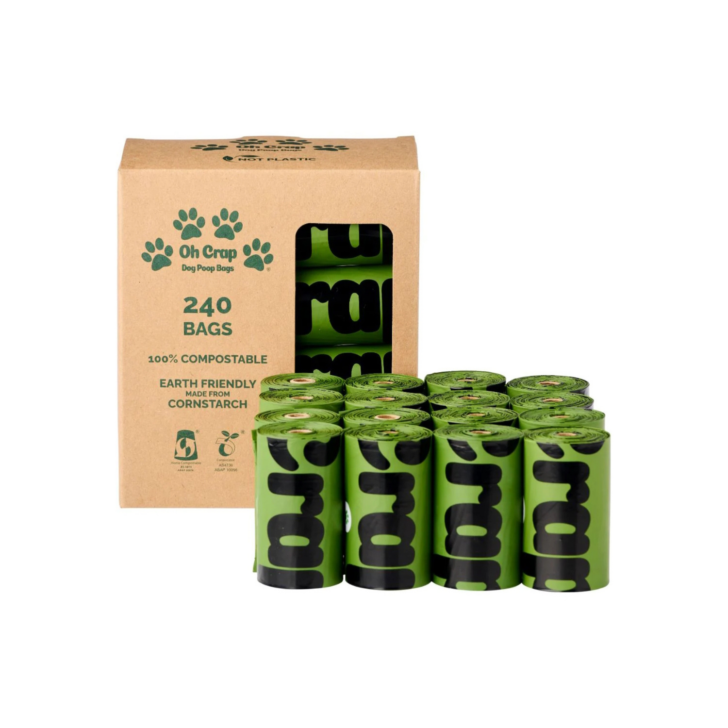 Green compostable dog waste bags with packaging on a white background