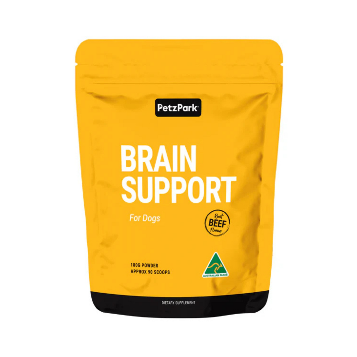Yellow package of PetzPark Brain Support for dogs on a white background