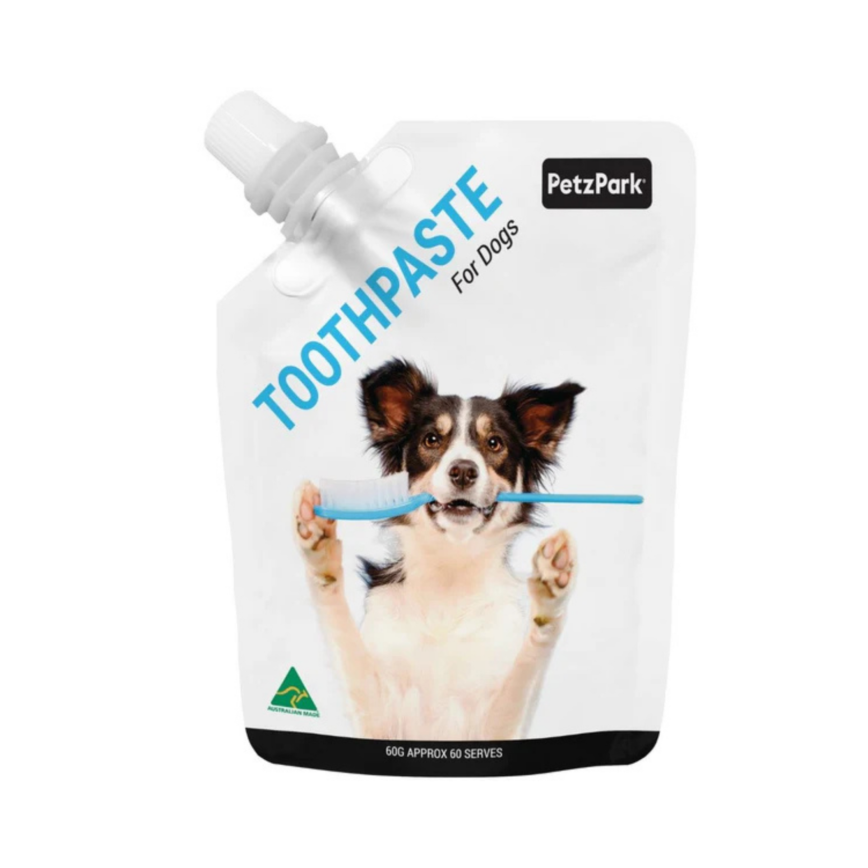 PetzPark dog toothpaste packaging with a dog holding a toothbrush on a white background